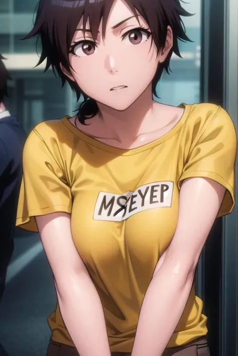 tatsuki, <lora:tatsuki-lora-nochekaiser:1>,
tatsuki, short hair, black hair, long hair, (brown eyes:1.5),
BREAK t-shirt, shirt, yellow shirt, short sleeves, pants, purple pants,
BREAK looking at viewer, upper body, full body, cowboy shot,
BREAK indoors,
BREAK <lyco:GoodHands-beta2:1>, (masterpiece:1.2), best quality, high resolution, unity 8k wallpaper, (illustration:0.8), (beautiful detailed eyes:1.6), extremely detailed face, perfect lighting, extremely detailed CG, (perfect hands, perfect anatomy),