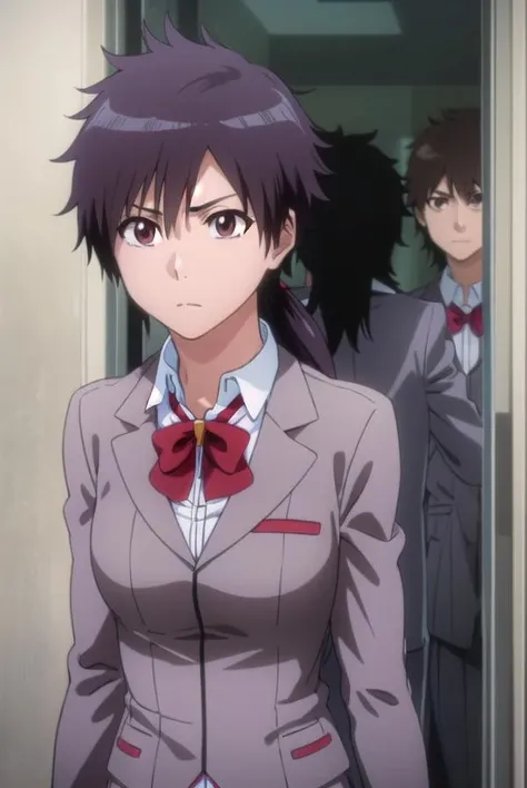 tatsuki, <lora:tatsuki-lora-nochekaiser:1>,
tatsuki, short hair, black hair, long hair, (brown eyes:1.5),
BREAK skirt, bow, school uniform, jacket, blazer, red bow, long sleeves, grey blazer, grey skirt,
BREAK looking at viewer, upper body, full body, cowboy shot,
BREAK indoors,
BREAK <lyco:GoodHands-beta2:1>, (masterpiece:1.2), best quality, high resolution, unity 8k wallpaper, (illustration:0.8), (beautiful detailed eyes:1.6), extremely detailed face, perfect lighting, extremely detailed CG, (perfect hands, perfect anatomy),