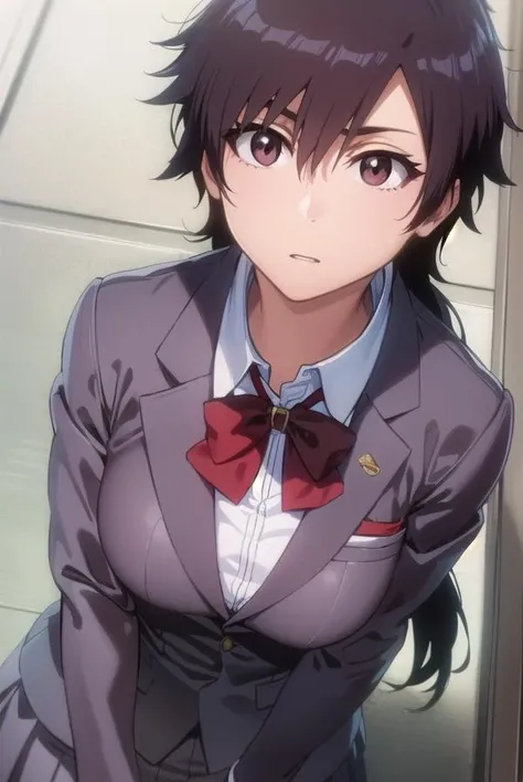 tatsuki, <lora:tatsuki-lora-nochekaiser:1>,
tatsuki, short hair, black hair, long hair, (brown eyes:1.5),
BREAK skirt, bow, school uniform, jacket, blazer, red bow, long sleeves, grey blazer, grey skirt,
BREAK looking at viewer, upper body, full body, cowboy shot,
BREAK indoors,
BREAK <lyco:GoodHands-beta2:1>, (masterpiece:1.2), best quality, high resolution, unity 8k wallpaper, (illustration:0.8), (beautiful detailed eyes:1.6), extremely detailed face, perfect lighting, extremely detailed CG, (perfect hands, perfect anatomy),