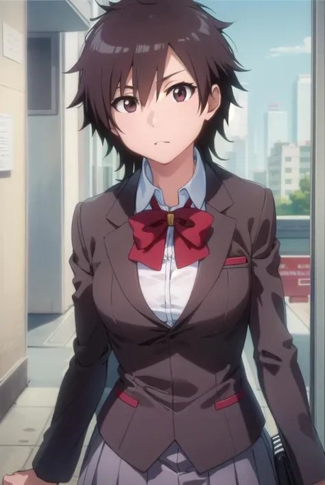 tatsuki, <lora:tatsuki-lora-nochekaiser:1>,
tatsuki, short hair, black hair, long hair, (brown eyes:1.5),
BREAK skirt, bow, school uniform, jacket, blazer, red bow, long sleeves, grey blazer, grey skirt,
BREAK looking at viewer, upper body, full body, cowboy shot,
BREAK indoors,
BREAK <lyco:GoodHands-beta2:1>, (masterpiece:1.2), best quality, high resolution, unity 8k wallpaper, (illustration:0.8), (beautiful detailed eyes:1.6), extremely detailed face, perfect lighting, extremely detailed CG, (perfect hands, perfect anatomy),