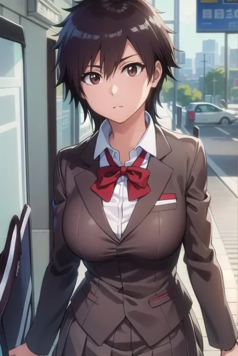 masterpiece,best quality,high resolution,8k,ultra HD,wallpaper,illustration,beautiful detailed eyes,perfect face,cowboy shot,beautiful detailed eyes,extremely detailed face,perfect lighting,extremely detailed CG,perfect hands,perfect anatomy,perfect body,perfect hands,perfect fingers,1woman,full body,megami magazine,(muscle fighter:1.1),brown short hair,(brown eyes:1.3),(large breasts:1.3),Medium ASS,,school cream brown blazer,inner white Y-shirt,school black medium skirt, clothed,looking at viewer,sexy look pose,cameltoe,Steam,wet,sweat, School,,,(A Certain Scientific Railgun character misaka mikoto),1person,
