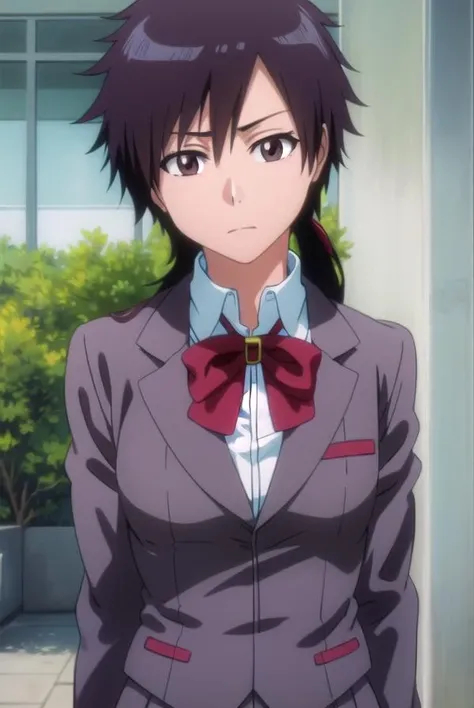 tatsuki, <lora:tatsuki-lora-nochekaiser:1>,
tatsuki, short hair, black hair, long hair, (brown eyes:1.5),
BREAK skirt, bow, school uniform, jacket, blazer, red bow, long sleeves, grey blazer, grey skirt,
BREAK looking at viewer, upper body, full body, cowboy shot,
BREAK indoors,
BREAK <lyco:GoodHands-beta2:1>, (masterpiece:1.2), best quality, high resolution, unity 8k wallpaper, (illustration:0.8), (beautiful detailed eyes:1.6), extremely detailed face, perfect lighting, extremely detailed CG, (perfect hands, perfect anatomy),