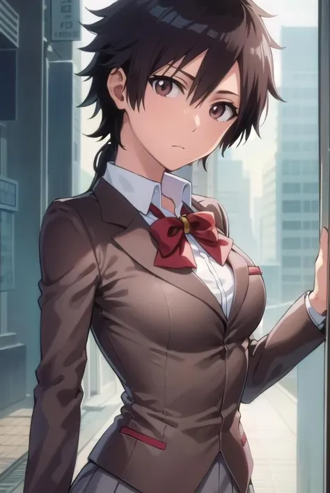 tatsuki, <lora:tatsuki-lora-nochekaiser:1>,
tatsuki, short hair, black hair, long hair, (brown eyes:1.5),
BREAK skirt, bow, school uniform, jacket, blazer, red bow, long sleeves, grey blazer, grey skirt,
BREAK looking at viewer, upper body, full body, cowboy shot,
BREAK indoors,
BREAK <lyco:GoodHands-beta2:1>, (masterpiece:1.2), best quality, high resolution, unity 8k wallpaper, (illustration:0.8), (beautiful detailed eyes:1.6), extremely detailed face, perfect lighting, extremely detailed CG, (perfect hands, perfect anatomy),