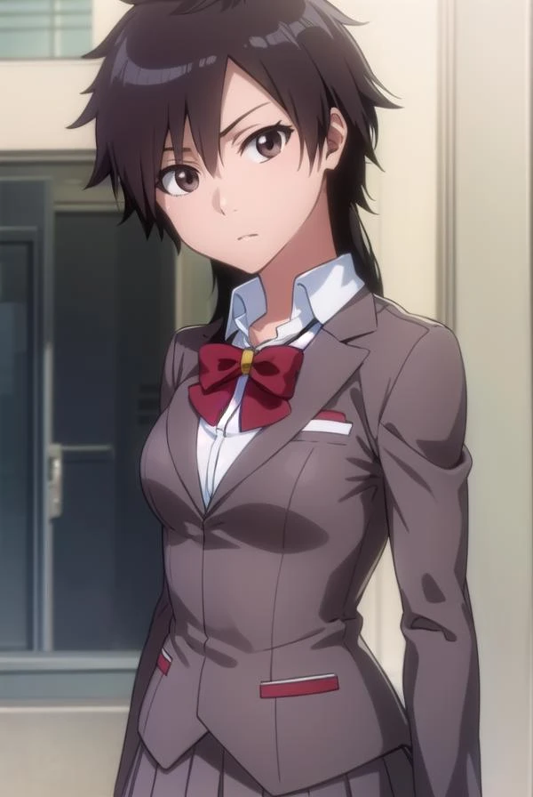 tatsuki, <lora:tatsuki-lora-nochekaiser:1>,
tatsuki, short hair, black hair, long hair, (brown eyes:1.5),
BREAK skirt, bow, school uniform, jacket, blazer, red bow, long sleeves, grey blazer, grey skirt,
BREAK looking at viewer, upper body, full body, cowboy shot,
BREAK indoors,
BREAK <lyco:GoodHands-beta2:1>, (masterpiece:1.2), best quality, high resolution, unity 8k wallpaper, (illustration:0.8), (beautiful detailed eyes:1.6), extremely detailed face, perfect lighting, extremely detailed CG, (perfect hands, perfect anatomy),