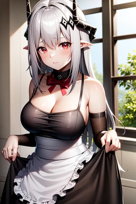 mudrock(arknights), white hair, pointy ears, alternate costume, breasts, 1girl, looking at viewer, red eyes, clothes lift, blush, black dress, bangs, large breasts, maid headdress, red bowtie, solo, upper body, cleavage, closed mouth, horns, bowtie, frills, long hair, bow, red bow, dress, bare shoulders<lora:mudrock:0.7>