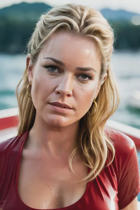 RAW, real photo portrait, rebeccaR2 , on a boat, (wearing a wet red t-shirt), pretty face, insanely detailed eyes, light blonde hair, high ponytail, bokeh, natural light, depth of field, golden hour, sharp focus