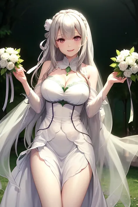 (transparent_green_wedding dress:1.2),<lora:aimiliya-10:0.8>,aimiliya,cleavage, medium breasts,light smile,best quality