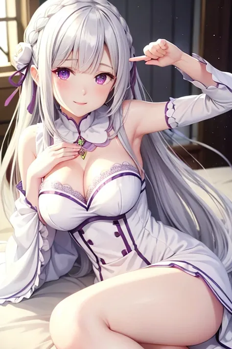 <lora:aimiliya-10:0.8>,aimiliya, white dress, white skirt,cleavage, medium breasts,light smile,best quality