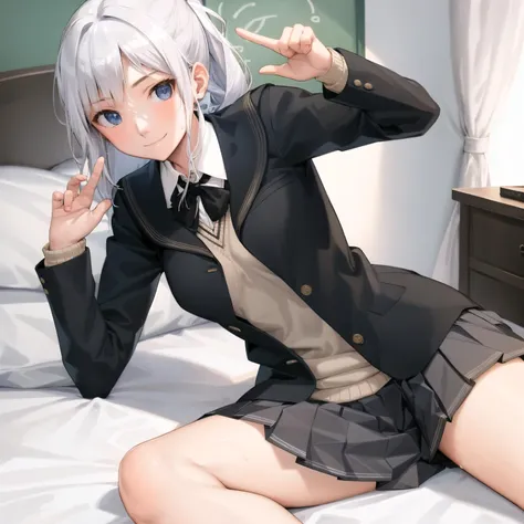 One Woman Man,Silver Hair,Medium Hair,Curly Hair,blue eyes,Wearing a white coat,Wearing a white shirt,Health Room,School teacher,teacher,,Small ,Small breasts,,flat chest,clear,Sitting,bed
