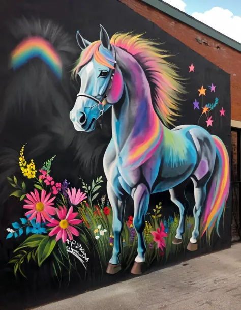 (made out of Ch4lk4rt chalk:1.3), A beautiful chalk mural of a horse, with the words "Freedom" written above the horse. Colorful flowers and grass below the horse. Inspired by Banksy's street art.