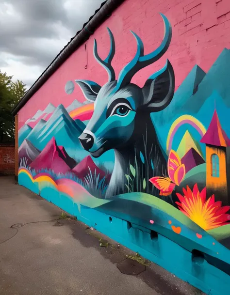 (made out of Ch4lk4rt chalk:1.3), A vibrant mural featuring whimsical creatures and landscapes created from chalk on a concrete wall. Inspired by the street artists Banksy and Shepard Fairey.
