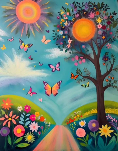 (made out of Ch4lk4rt chalk:1.3), A colorful chalk drawing of a vibrant garden filled with flowers, trees, birds and butterflies. The background has a light blue sky.