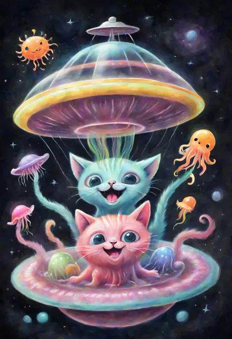 Ch4lk4rt, a very soft and fluffy blurry colorful chalk drawing of Roswell Alien Cat and Jelly Fish laughing inside a flying saucer. simple background,