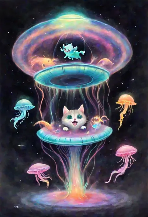 Ch4lk4rt, a very soft and fluffy blurry colorful chalk drawing of Roswell Alien Cat and Jelly Fish laughing inside a flying saucer. simple background,