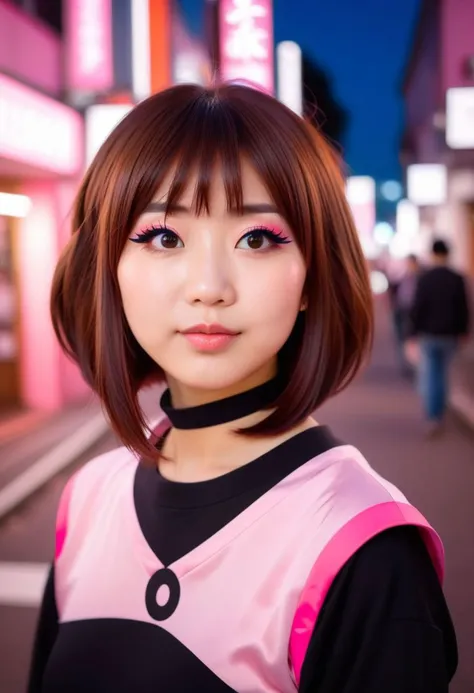 (best quality, high quality, sharp focus:1.4), beautiful japanese girl, Ochako Uraraka, bright makeup, highlighter on nose and cheeks, heavy pink blush, heavy eyeliner, fashionable, cute comfy clothes, full body, candid pose, empty street, film, bokeh, professional, 4k, highly detailed, fujifilm XT3, dark, analog photo, deep shadows, by ilya kuvshinov