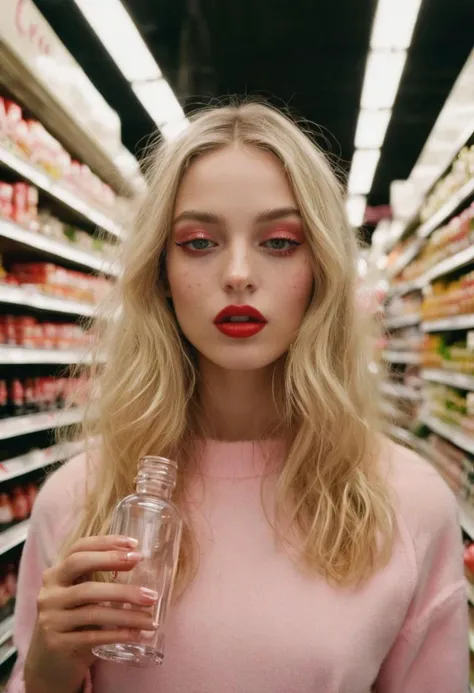 whimsical wide-angle photo, high top-down angle, brightly-lit supermarket aisle, young woman is holding a small glass bottle filled with radioactive seafoam-green liquid, young face, doll makeup, confused expression, thin, straight long blonde hair, euphoria style film still, woman is look up, wearing a tight latex dress, very shiny skin, highly reflective glossy atmosphere, doll look, bright makeup, glossy bright red lipstick, light dark freckles, saturated pink cheeks, very saturated pink blush, heavy blush on nose, thick black eyeliner and black eyeshadow, glowing gold eyes, gregory crewdson, peter lindbergh, tim walker, richard avedon, irving penn, alexander mcqueen, steven klein, steven meisel, terry richardson, bright flash, ring light style, highly detailed, high budget, expert lighting, high fashion, hasselblad 120mm medium format, soft focus, award-winning ultra detailed realistic photograph, short neck