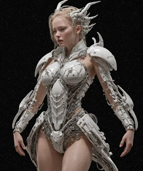 masterpiece, best quality, 3d statue by daturahex, full shot, a woman in a white costume holding a sword, porcelain cyborg armor, glossy white armor, porcelain cyborg, in white futuristic armor, inspired by Masamune Shirow, female android, female mecha light particles flying around, black background, hyperdetailed; by Kim Keever Antoine Collignon Wadim Kashin Tim Burton Peter Mohrbacher, <lora:DaturaHex-000008:0.9>