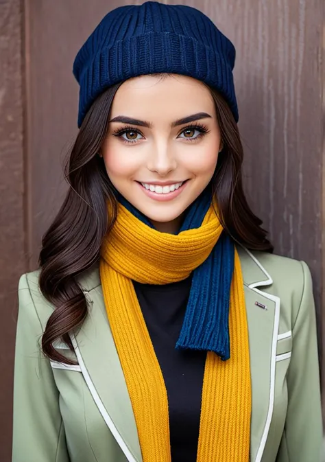 <lora:AliceQPro:1>,1girl, solo, photo of AliceQPro, wearing a scarf, wearing a jacket, wearing a hat, wearing a blouse, wearing a tie, masterpiece, best quality, (detailed face, detail skin texture, standing, smiling, looking at the camera, ultra-detailed body), not sexy, not triggering, nothing someone would be offended by, a picture that would not break Civitai TOS rules