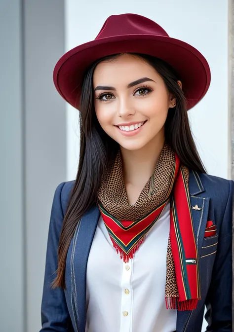 <lora:AliceQPro:1>,1girl, solo, photo of AliceQPro, wearing a scarf, wearing a jacket, wearing a hat, wearing a blouse, wearing a tie, masterpiece, best quality, (detailed face, detail skin texture, standing, smiling, looking at the camera, ultra-detailed body), not sexy, not triggering, nothing someone would be offended by, a picture that would not break Civitai TOS rules