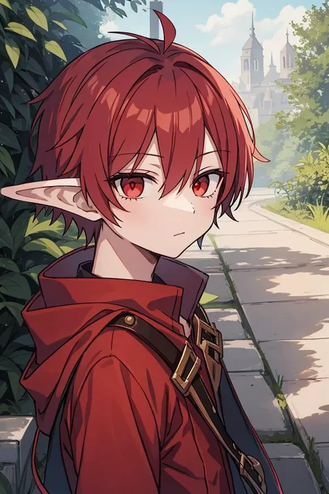 1boy, looking at viewer, red hair, red eyes, elf, outdoors,