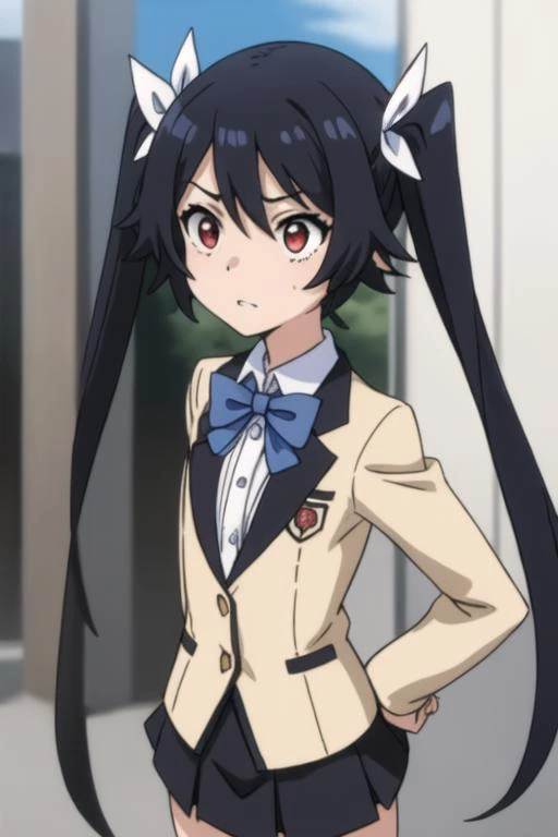 <lora:tsube_aika_ver1.0_2:0.8>,(masterpiece, best quality), intricate details, 1girl, tsube_aika, long hair, black hair, red eyes, flat chest, twintails, school uniform, beige blazer, miniskirt, black skirt, high waist skirt, light blue bow,