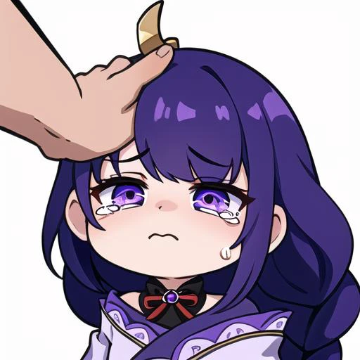 <lora:EmoteMakerLora:0.8>, <lora:raidenshogun1:0.8>, purple hair, braid, raiden shogun, genshin, headshot, chibi, ((white background)), twitch emote, emote, head only, cry, tears, sad, (masterpiece:1.2, best quality:1.2), ((masterpiece)), (((best quality))), ((ultra-detailed)), ((illustration)), anatomy