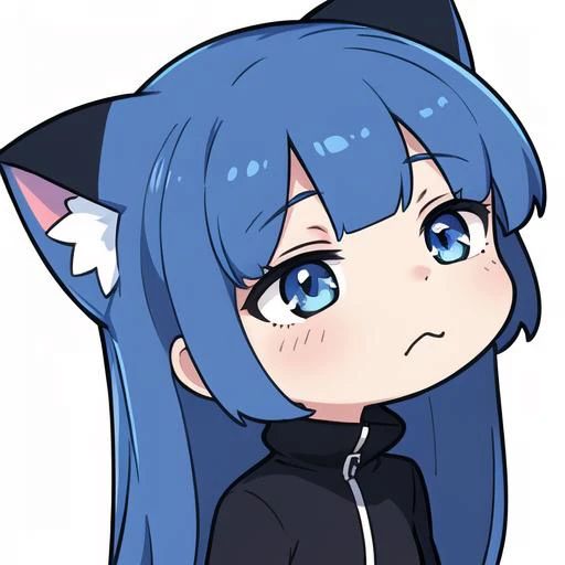 <lora:EmoteMakerLora:0.85>, 1 girl, head, cat girl, neko, blue hair, ((white background, chibi)), emote, twitch