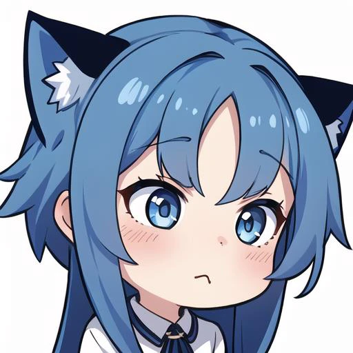<lora:EmoteMakerLora:0.85>, 1 girl, head, cat girl, neko, blue hair, ((white background, chibi)), emote, twitch, love, blush