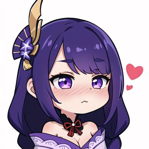 <lora:EmoteMakerLora:0.8>, <lora:raidenshogun1:0.7>, purple hair, braid, raiden shogun, genshin, headshot, chibi, ((white background)), twitch emote, (love, heart) blush, (masterpiece:1.2, best quality:1.2), ((masterpiece)), (((best quality))), ((ultra-detailed)), ((illustration)), anatomy