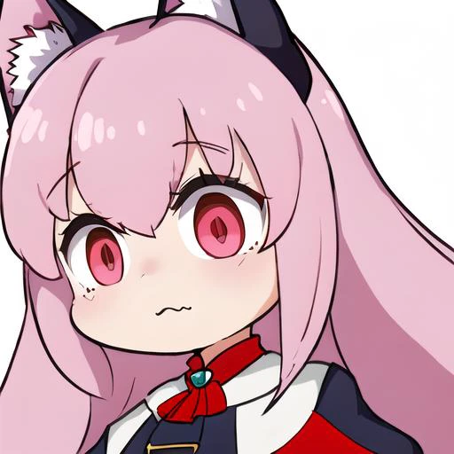 <lora:EmoteMakerLora:0.9>, <lora:PozmkaV1:0.8>, wolf girl, pozemka, arknights, pink hair, wolf ears, black and white and red dress, ((chibi)), ((white background)), twitch emote, emote, twitch,, (masterpiece:1.2, best quality:1.2), ((masterpiece)), (((best quality))), ((ultra-detailed)), ((illustration)), anatomy