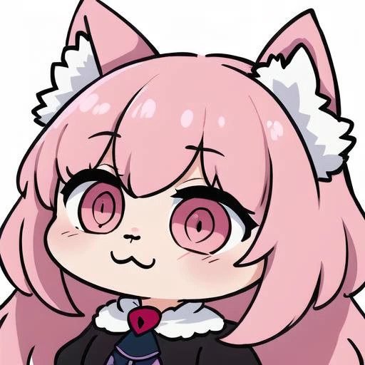 <lora:EmoteMakerLora:0.9>, <lora:PozmkaV1:0.6>, wolf girl, pozemka, pink eyes, arknights, pink hair, (wolf ears), fluff, floof, black and white and red dress, chibi, ((white background)), twitch emote, emote, head only, :3, (masterpiece:1.2, best quality:1.2), ((masterpiece)), (((best quality))), ((ultra-detailed)), ((illustration)), anatomy