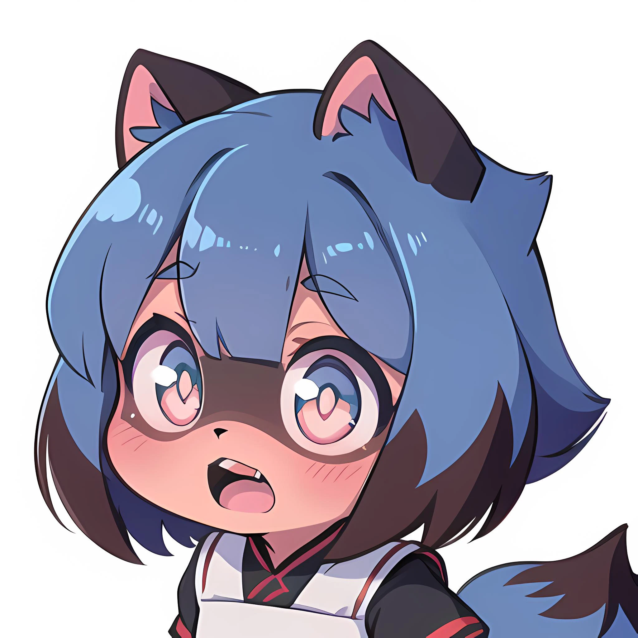 <lora:MichiruTestNAI:0.9>, furry raccoon girl, absurdres, solo, 1girl, multicolored eyes, raccoon ears, two-tone hair, (high quality, best quality), high-res, (8k), no nuzzle, body fur, (animal nose:0.8), (tail, fluffy tail, blue tail, (1 tail:1.0)), short hair, wide-eyed, eyelashes, looking at viewer, twitchemote, <lora:EmoteMakerLora:0.9>, white background, upper body, chibi, ((surprised):1.2), facing viewer, simple background, maid, blunt bangs, ahoge, short sleeves, blush