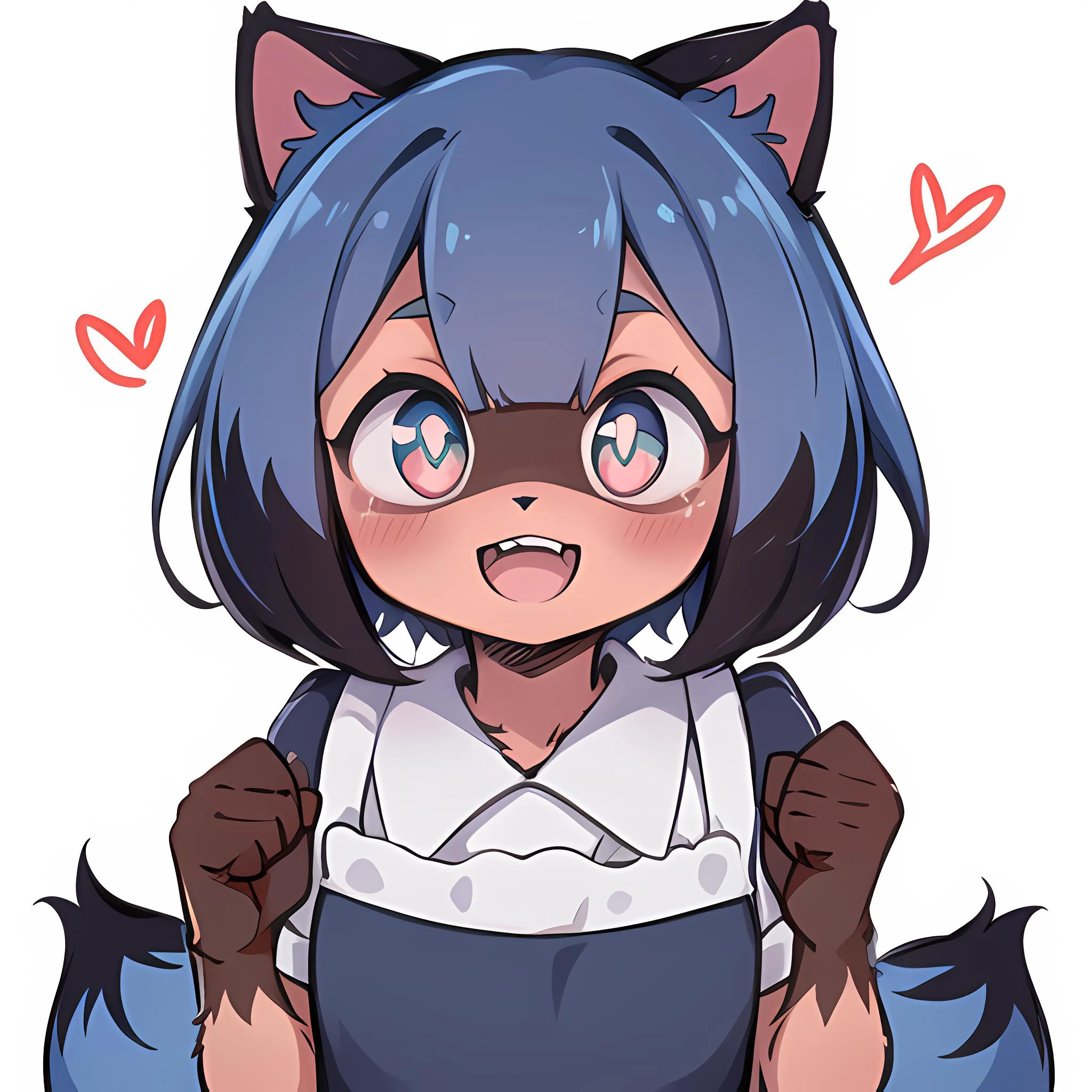 <lora:MichiruTestNAI:0.9>, furry raccoon girl, absurdres, solo, 1girl, multicolored eyes, raccoon ears, two-tone hair, (high quality, best quality), high-res, (8k), no nuzzle, body fur, (animal nose:0.8), (tail, fluffy tail, blue tail, (1 tail:1.0)), short hair, wide-eyed, eyelashes, looking at viewer, twitchemote, <lora:EmoteMakerLora:0.9>, white background, upper body, chibi, (:D, :3:1.0), facing viewer, simple background, maid, heart-shaped pupils, open mouth, blunt bangs, ahoge, short sleeves, blush