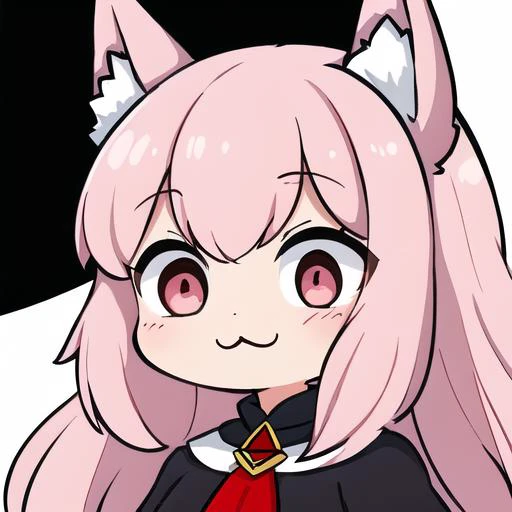 <lora:EmoteMakerLora:0.9>, <lora:PozmkaV1:0.6>, wolf girl, pozemka, pink eyes, arknights, pink hair, (wolf ears), fluff, floof, black and white and red dress, chibi, ((white background)), twitch emote, emote, head only, :3, (masterpiece:1.2, best quality:1.2), ((masterpiece)), (((best quality))), ((ultra-detailed)), ((illustration)), anatomy