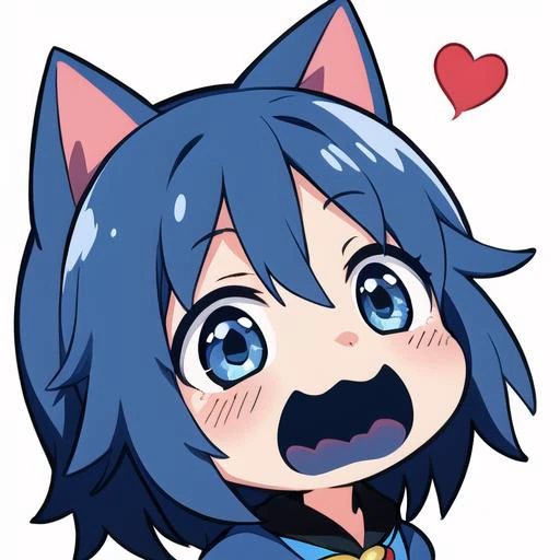 <lora:EmoteMakerLora:0.85>, 1 girl, head, cat girl, neko, blue hair, ((white background, chibi)), emote, twitch, love, blush