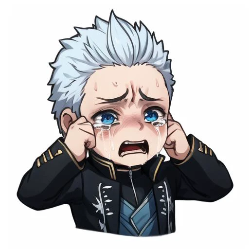 <lora:EmoteMakerLora:0.85>, <lora:Vergil-1:0.65>, 1 boy, dmc, dmc5, vergil, white hair, black jacket, headshot, ((chibi)), ((white background)), twitch emote, crying, tears