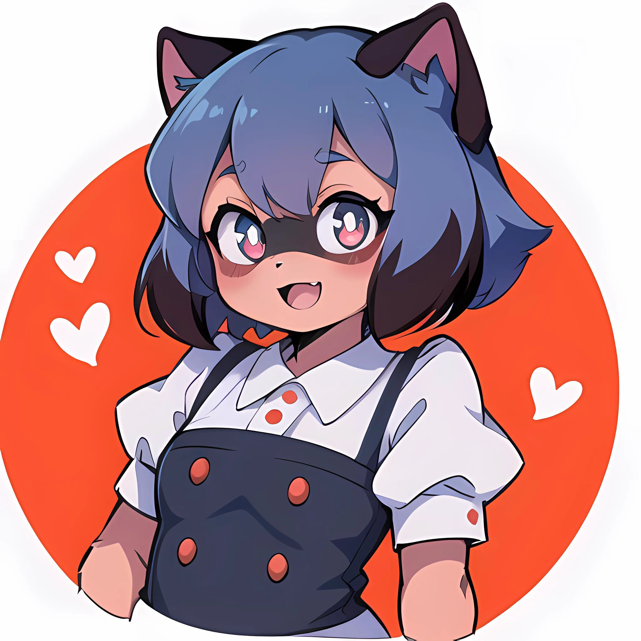 <lora:MichiruTestNAI:0.9>, furry raccoon girl, absurdres, solo, 1girl, multicolored eyes, raccoon ears, two-tone hair, (high quality, best quality), high-res, (8k), no nuzzle, body fur, (animal nose:0.8), (tail, fluffy tail, blue tail, (1 tail:1.0)), short hair, wide-eyed, eyelashes, looking at viewer, twitchemote, <lora:EmoteMakerLora:0.9>, white background, upper body, chibi, (:D, :3:1.0), facing viewer, simple background, maid, heart-shaped pupils, open mouth, blunt bangs, ahoge, short sleeves, blush