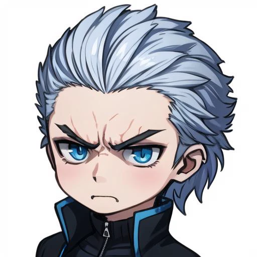 <lora:EmoteMakerLora:0.85>, <lora:Vergil-1:0.65>, 1 boy, dmc, dmc5, vergil, white hair, black jacket, headshot, ((chibi)), ((white background)), angry, X, mad