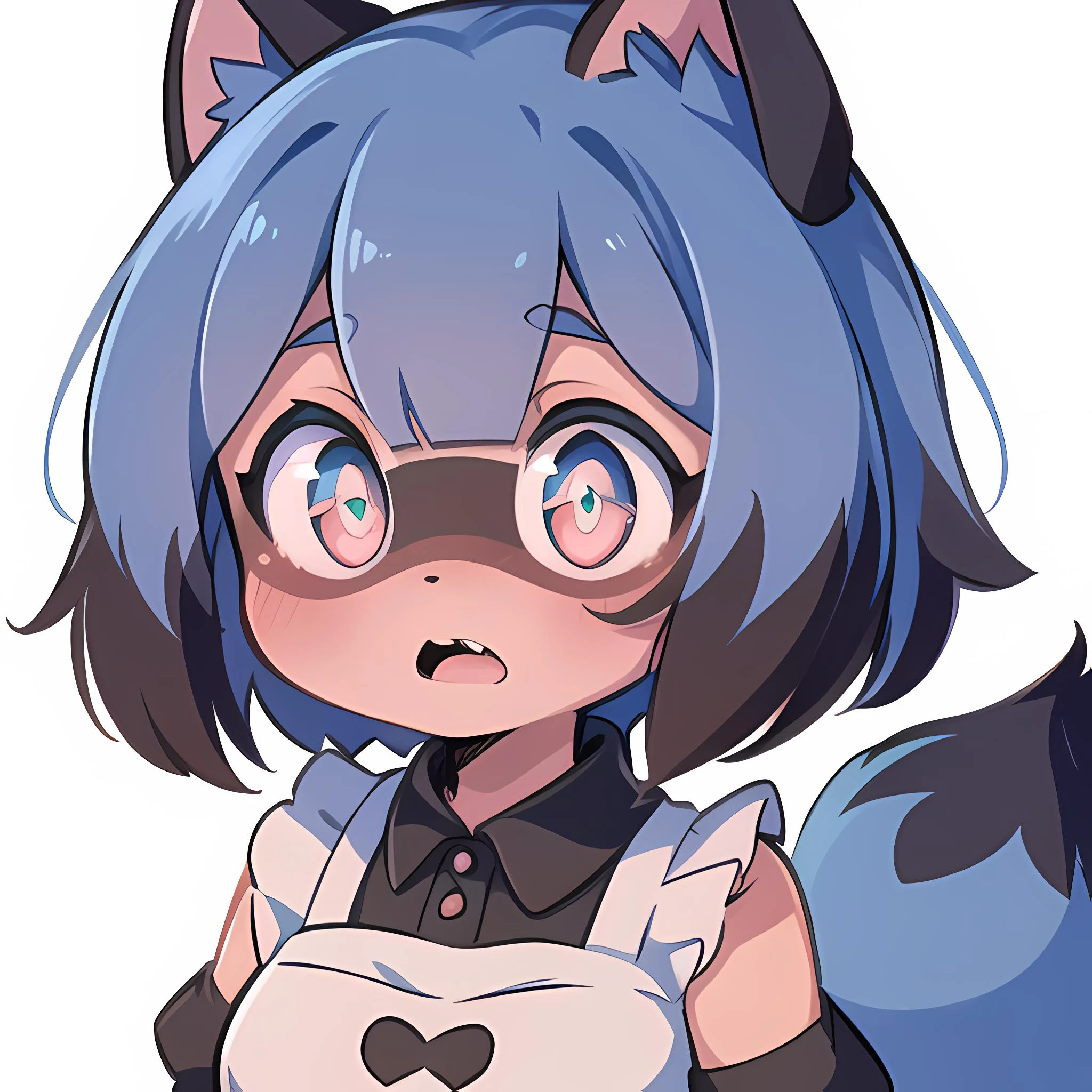 <lora:MichiruTestNAI:0.9>, furry raccoon girl, absurdres, solo, 1girl, multicolored eyes, raccoon ears, two-tone hair, (high quality, best quality), high-res, (8k), no nuzzle, body fur, (animal nose:0.8), (tail, fluffy tail, blue tail, (1 tail:1.0)), short hair, wide-eyed, eyelashes, looking at viewer, twitchemote, <lora:EmoteMakerLora:0.9>, white background, upper body, chibi, ((surprised):1.2), facing viewer, simple background, maid, blunt bangs, ahoge, short sleeves, blush