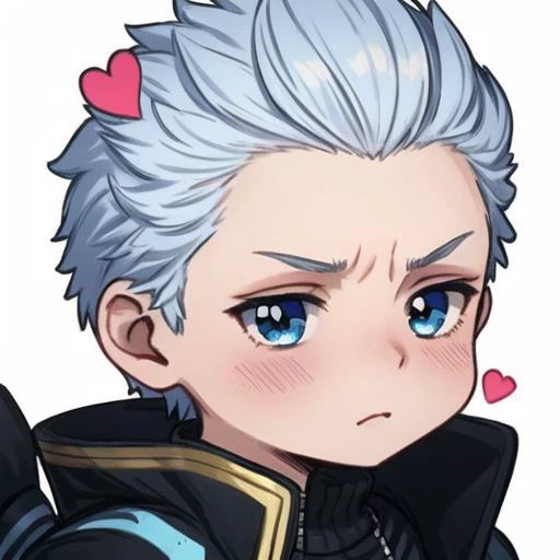 <lora:EmoteMakerLora:0.85>, <lora:Vergil-1:0.65>, 1 boy, dmc, dmc5, vergil, white hair, black jacket, headshot, ((chibi)), ((white background)), twitch emote, love, hearts, blush