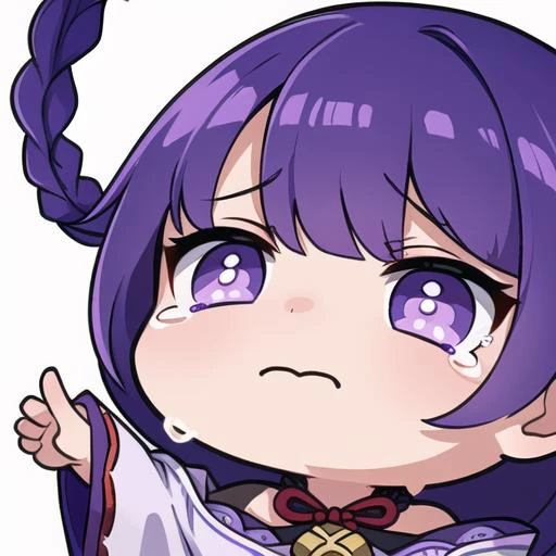 <lora:EmoteMakerLora:0.8>, <lora:raidenshogun1:0.8>, purple hair, braid, raiden shogun, genshin, headshot, chibi, ((white background)), twitch emote, emote, head only, cry, tears, sad, (masterpiece:1.2, best quality:1.2), ((masterpiece)), (((best quality))), ((ultra-detailed)), ((illustration)), anatomy