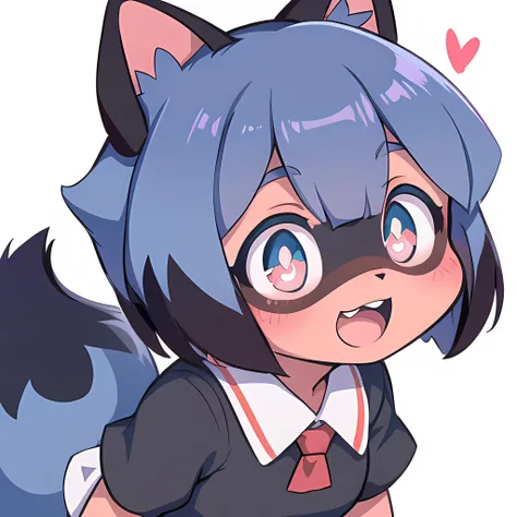 <lora:MichiruTestNAI:0.9>, furry raccoon girl, absurdres, solo, 1girl, multicolored eyes, raccoon ears, two-tone hair, (high quality, best quality), high-res, (8k), no nuzzle, body fur, (animal nose:0.8), (tail, fluffy tail, blue tail, (1 tail:1.0)), short hair, wide-eyed, eyelashes, looking at viewer, twitchemote, <lora:EmoteMakerLora:0.9>, white background, upper body, chibi, (:D, :3:1.0), facing viewer, simple background, maid, heart-shaped pupils, open mouth, blunt bangs, ahoge, short sleeves, blush