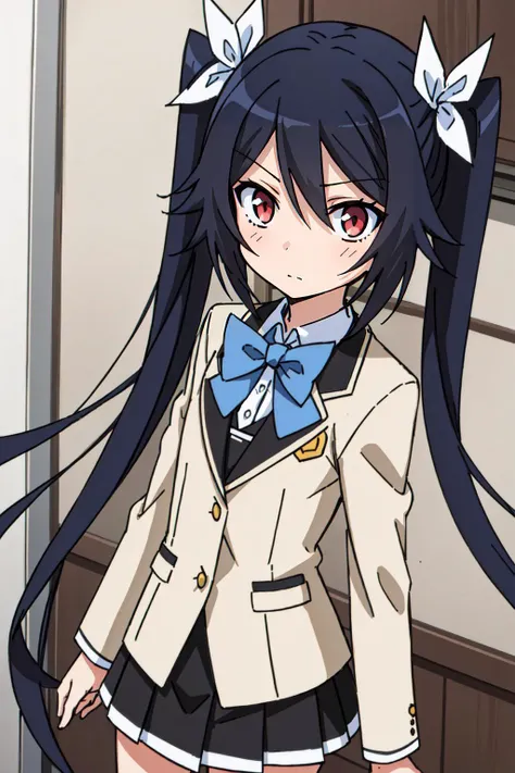 (masterpiece, best quality), intricate details,
1girl, <lora:tsube_aika_ver1.0_2:0.8> tsube_aika, long hair, black hair, red eyes, flat chest, twintails, school uniform, beige blazer, miniskirt, black skirt, high waist skirt, light blue bow,