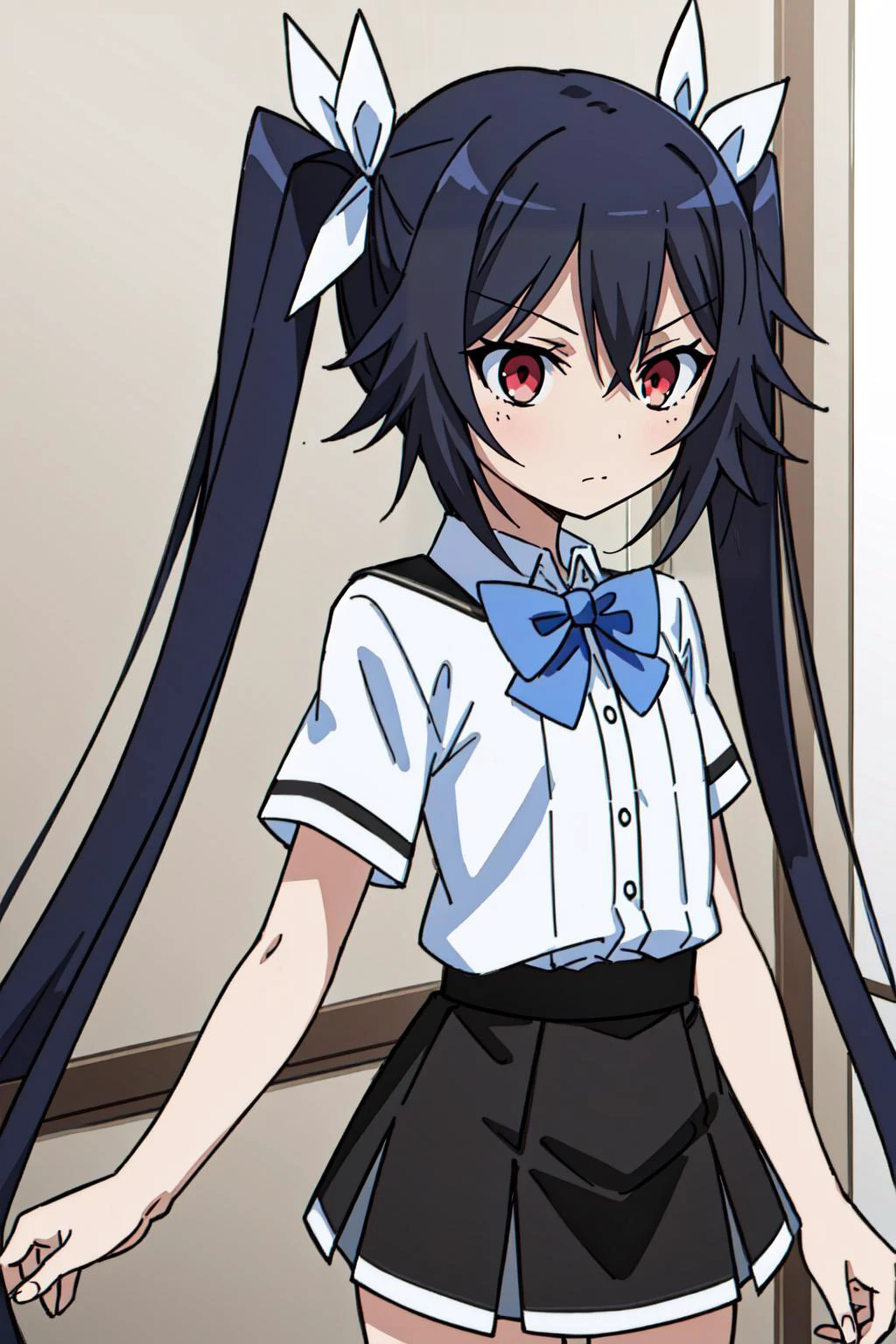 (masterpiece, best quality), intricate details,
1girl, <lora:tsube_aika_ver1.0_2:0.8> tsube_aika, long hair, black hair, red eyes, flat chest, twintails, school uniform, white shirt, miniskirt, black skirt, short sleeves, high waist skirt, light blue bow,