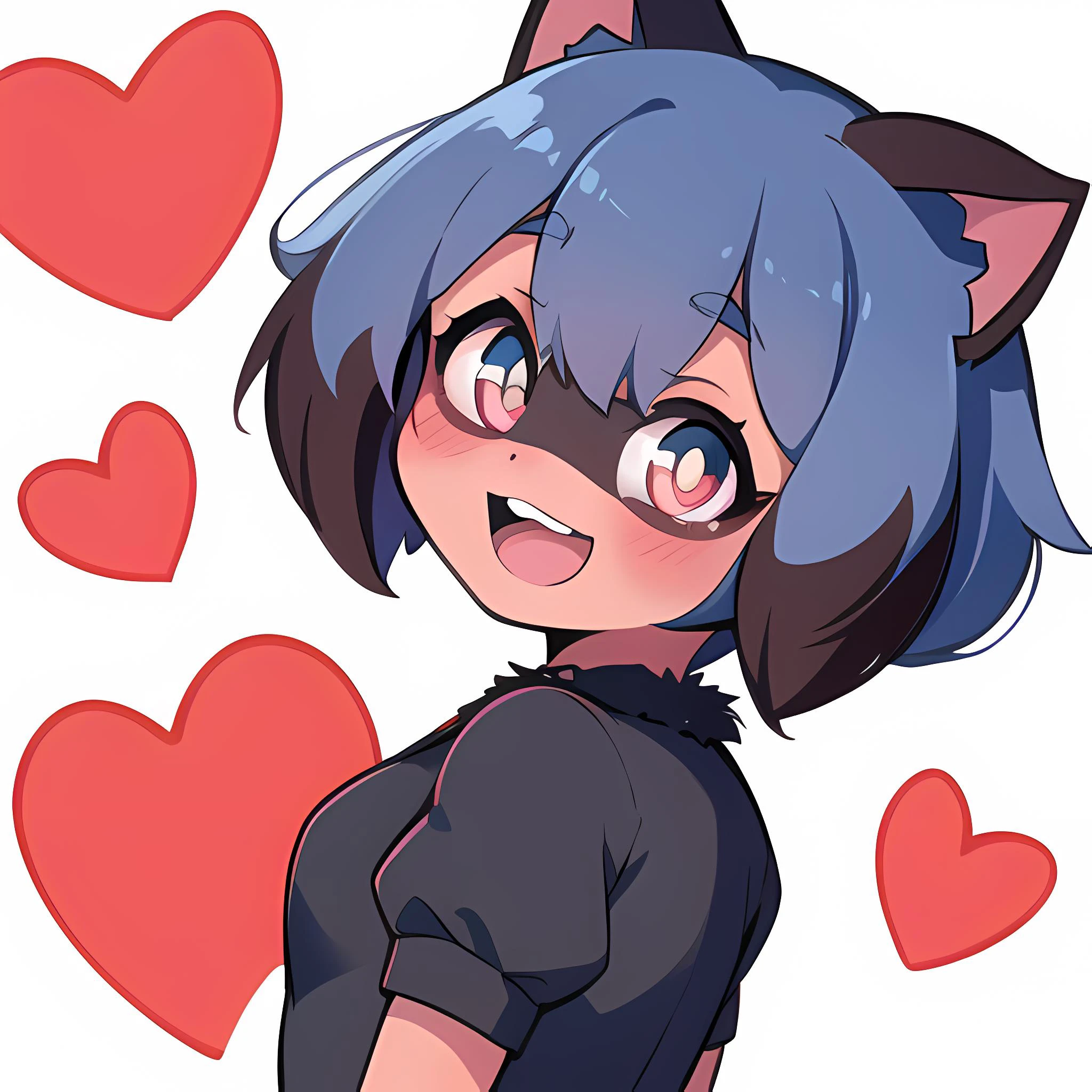 <lora:MichiruTestNAI:0.9>, furry raccoon girl, absurdres, solo, 1girl, multicolored eyes, raccoon ears, two-tone hair, (high quality, best quality), high-res, (8k), no nuzzle, body fur, (animal nose:0.8), (tail, fluffy tail, blue tail, (1 tail:1.0)), short hair, wide-eyed, eyelashes, looking at viewer, twitchemote, <lora:EmoteMakerLora:0.9>, white background, upper body, chibi, (:D, :3:1.0), facing viewer, simple background, maid, heart-shaped pupils, open mouth, blunt bangs, ahoge, short sleeves, blush
