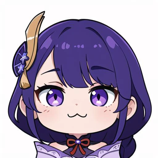 <lora:EmoteMakerLora:0.9>, <lora:raidenshogun1:1>, purple hair, braid, raiden shogun, genshin, headshot, chibi, ((white background)), twitch emote, emote, head only, :3, (masterpiece:1.2, best quality:1.2), ((masterpiece)), (((best quality))), ((ultra-detailed)), ((illustration)), anatomy