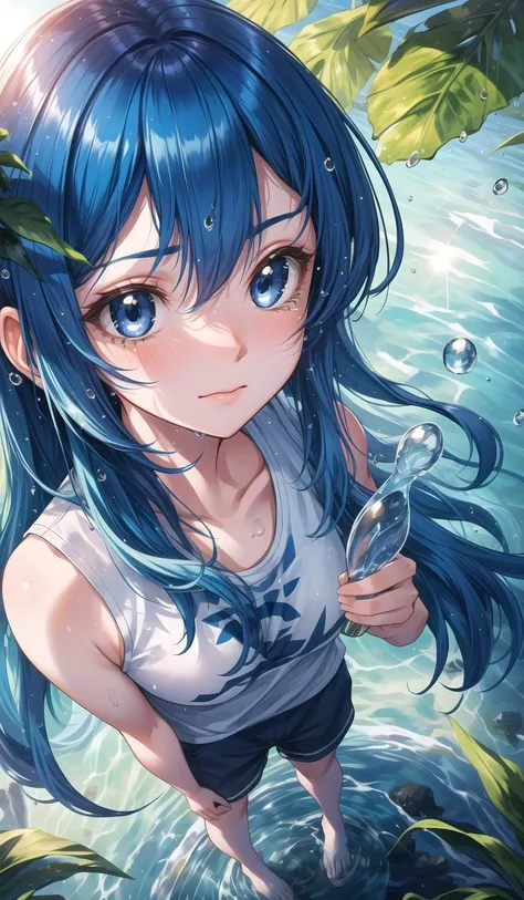 masterpiece,best quality, lens flare, depth of field, (close-up,facefocus:1.1), (wide shot, fisheye:0.85),
1girl ,standing, blue hair, long hair,
water drop,  water on plant,