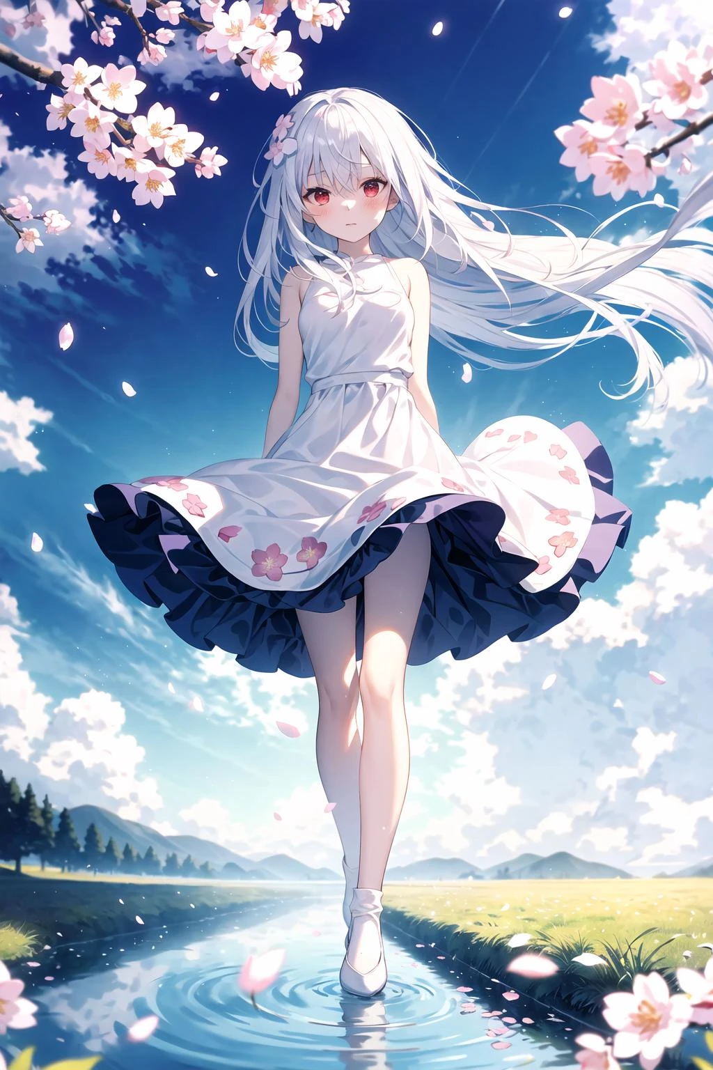 (Highest picture quality), (Master's work),(Detailed eyes description),(Detailed face description),
1girl,red eyes,white hair,(very long hair),very long hair (floating in the wind),hair ornament,white dress,small breast,bare legs,white socks,leather shoes,arms and hands behind back,blush,fluttering grass,(spring,sakura blossoms),petals,(lens flare),altocumulus,dazzling light,cool breeze,(shade) of [a sakura tree],meadow,(the grass is growing and the birds are flying),(lake,surface reflection)