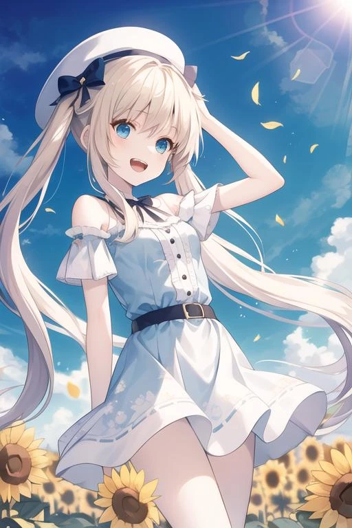 cute ,,solo,wind,pale-blonde hair, blue eyes,very long twintails,white hat,blue sky,laugh,double tooth,,lens flare,dramatic, coastal,
flying petal, flowery field, sky, sun,field, sunflower, masterpiece, best quality,