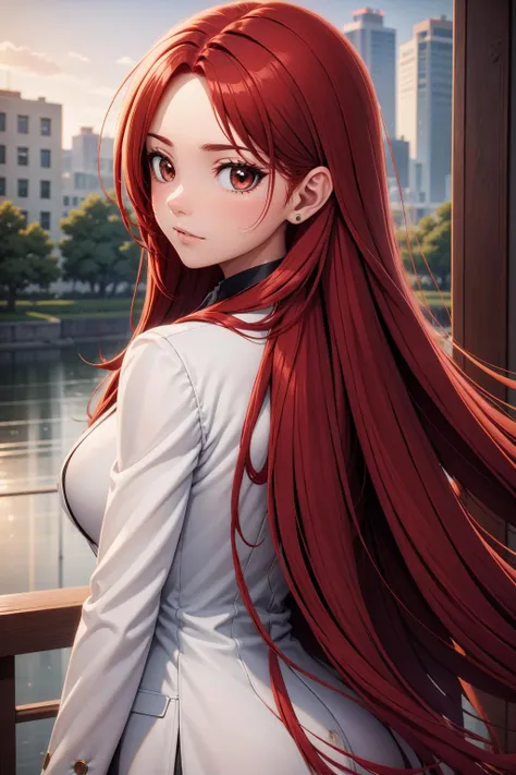 woman, from behind, long red hair, brown eyes, ear, white coat, cityscape  <lora:red_woman_01:0.6>